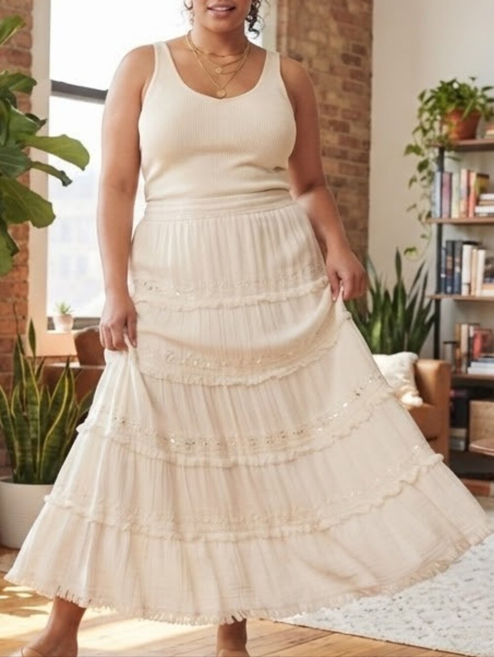 VTG Braja Cream White Tiered Maxi Skirt Sequin Embroidered Boho Coastal Prairie